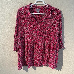 Catherines 3X Pink, Black & White Button up Blouse